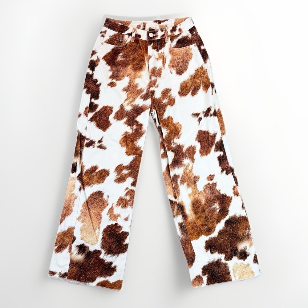 Cider Cow Print Jeans Women M Brown White High Rise Wide Leg Western Y2K Ranch
